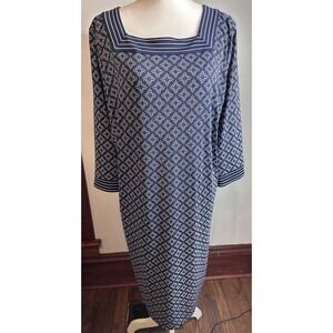 Talbots Plus 1X Navy Blue White Geometric Square Neck Shift Dress VN5297 07/22